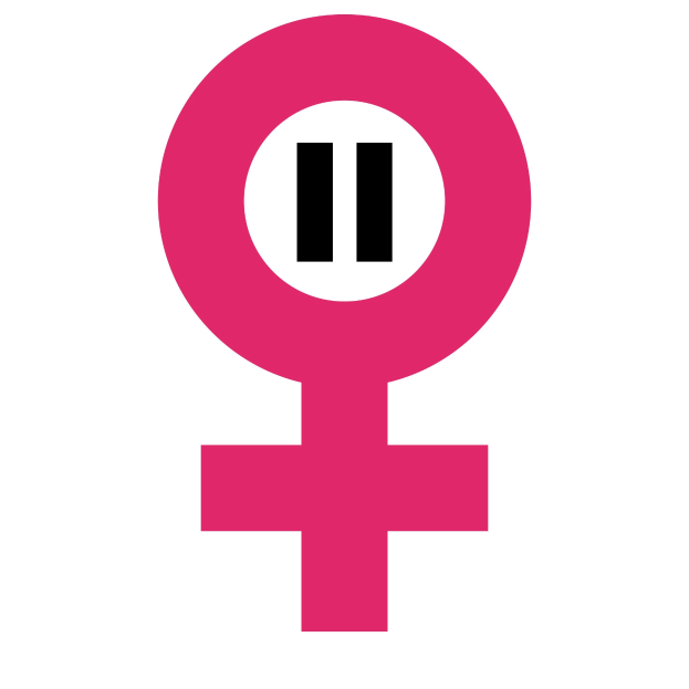 Ein pinkes Frauen-Symbol auf weißem Hintergrund, das die Geschlechtergerechtigkeitsbewegung repräsentiert.