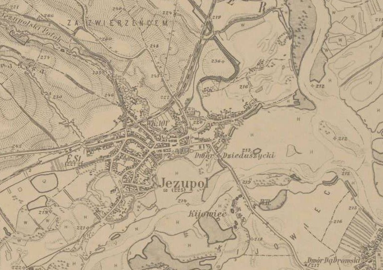 Detailed old map of Jezupol, Poland, displaying streets, buildings, and landmarks with text annotations.
