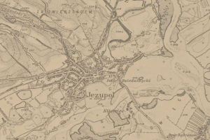 Detailed old map of Jezupol, Poland, displaying streets, buildings, and landmarks with text annotations.