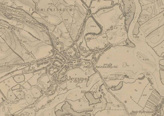 Detailed old map of Jezupol, Poland, displaying streets, buildings, and landmarks with text annotations.