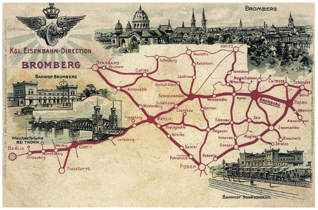 Detailierte Stadtplan-Posterkarte von Bromberg, Deutschland, mit Straßen, Sehenswürdigkeiten, Gebäuden, Bäumen, einer Brücke und informativen Texten zur Geschichte und Attraktionen der Stadt.