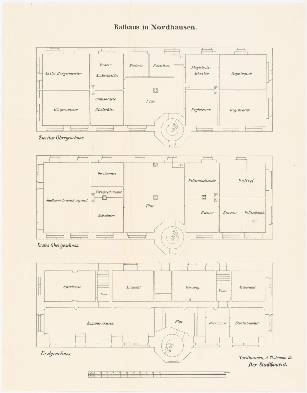 Detailed floor plan of Rathaus in Nordhausen, Germany, showing rooms, hallways, and layout information on paper.