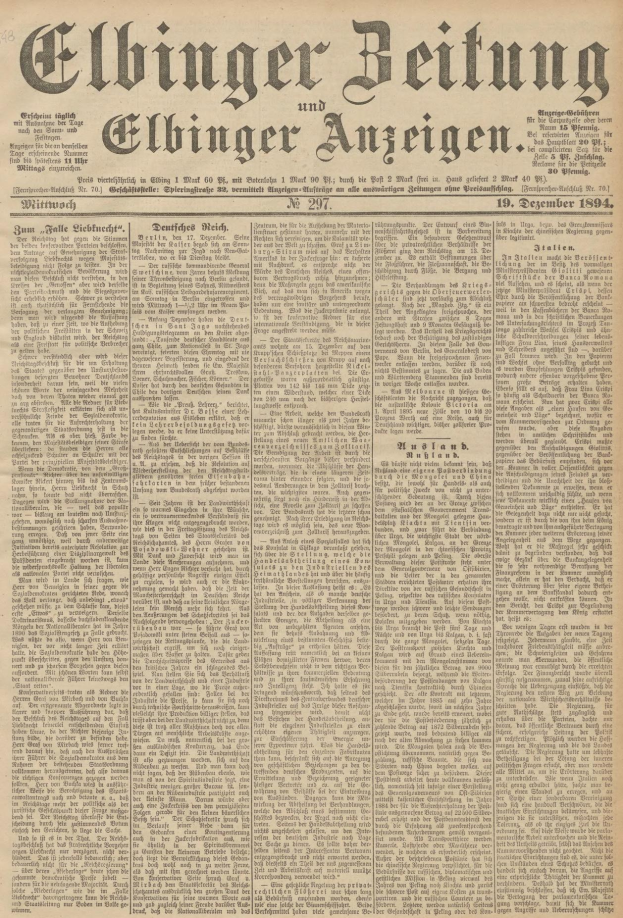 Schwarze und weiße Titelseite der deutschen Zeitung *Elbinger Beitung und Elbinger Anzeigen* vom 19. Dezember 1894, die ein Porträt eines Mannes zeigt, der zur Seite schaut.