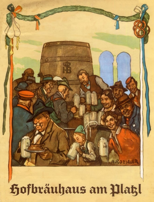 Plakat, das ein Bierfest in Deutschland ankündigt, mit Menschen, die Biergläser halten und einem Fass im Hintergrund sowie deutschem Text unten.