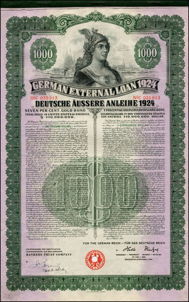 Ein alter deutscher Auslandsanleihe von 1924 mit einer Frauendarstellung, mit Text und Zahlen, die seine Nennwert angibt.