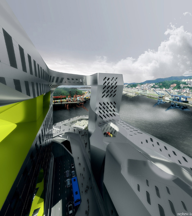 Ein Architekturgebäude mit einer Straße, die Fahrzeuge, Gruppen von Menschen, einen fließenden Fluss und eine Brücke enthält, vor einem Hintergrund aus Gebäuden, Bäumen und Wolken, mit einem Wasserzeichen in der unteren rechten Ecke.