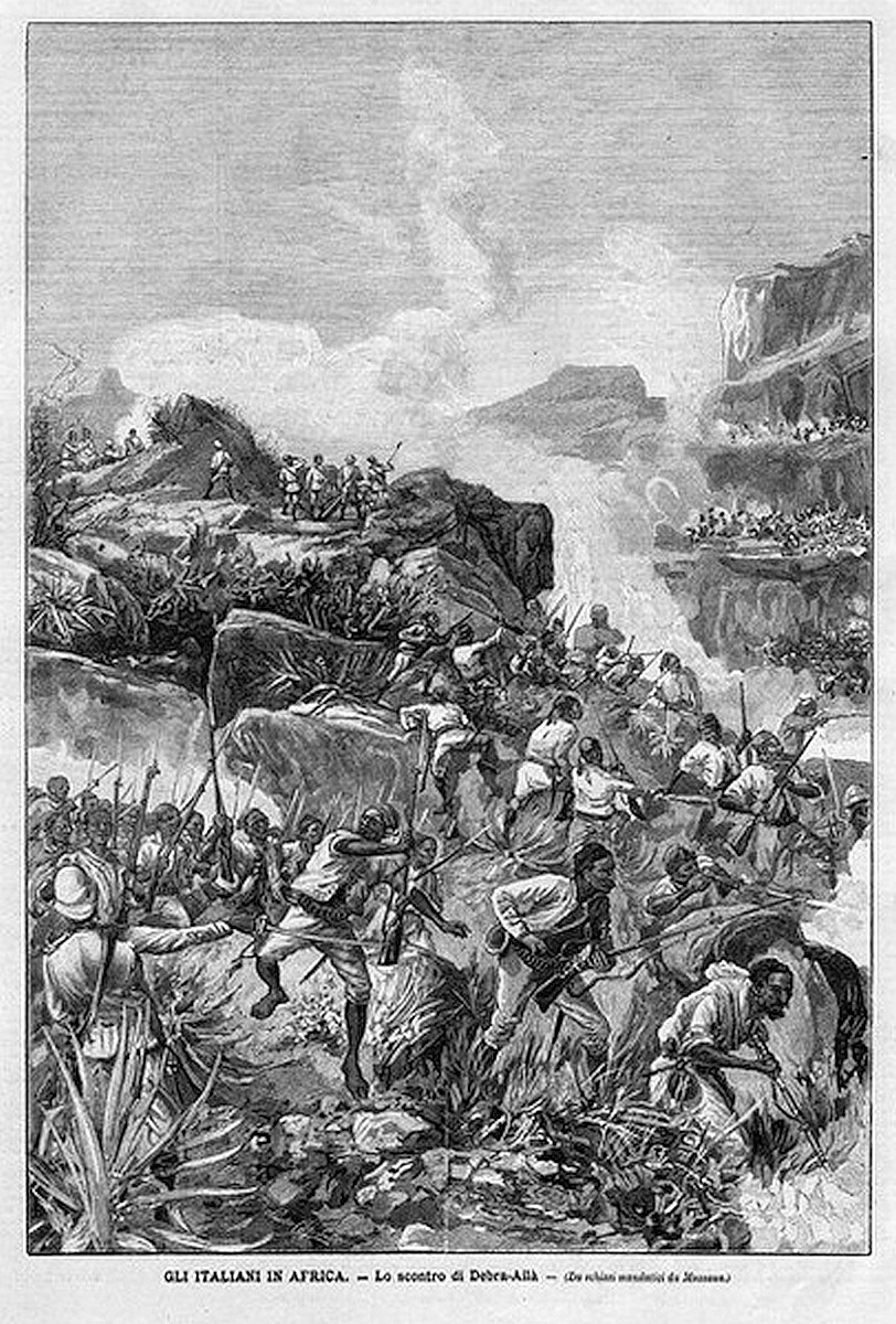 Black and white engraving depicting a battle scene in a mountainous area, with hills and clouds in the background, and text at the bottom reading "Gli Italiani in Africa - La scootro di devera-aba".