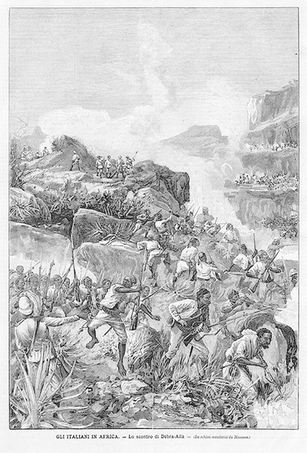 Black and white engraving depicting a battle scene in a mountainous area, with hills and clouds in the background, and text at the bottom reading "Gli Italiani in Africa - La scootro di devera-aba".
