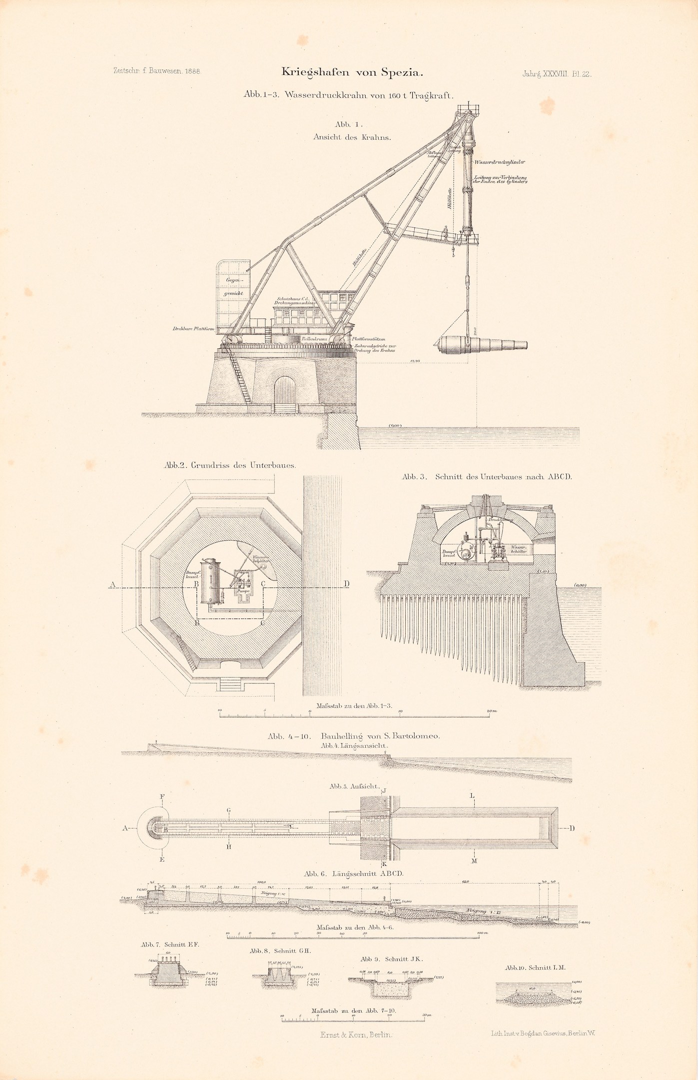 Detailierte Zeichnung eines Krans mit ausgefahrener Arm und geneigtem Kopf auf Papier, begleitet von beschreibendem Text.