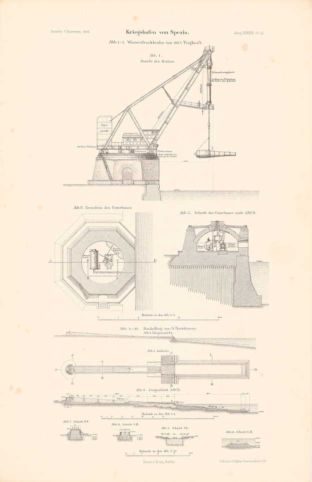 Detailierte Zeichnung eines Krans mit ausgefahrener Arm und geneigtem Kopf auf Papier, begleitet von beschreibendem Text.