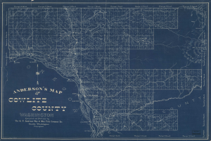 Ein blaues Plakat mit Andersons Karte von Cowlitz County, Washington, das detaillierte Straßen, Städte und geografische Merkmale zeigt, sowie zusätzliche Textinformationen enthält.